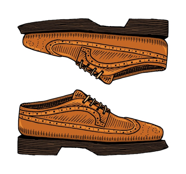 Scarpe classiche o accessori da uomo incisi disegnati a mano in vecchie calzature da schizzo vintage o brogue in stile casual