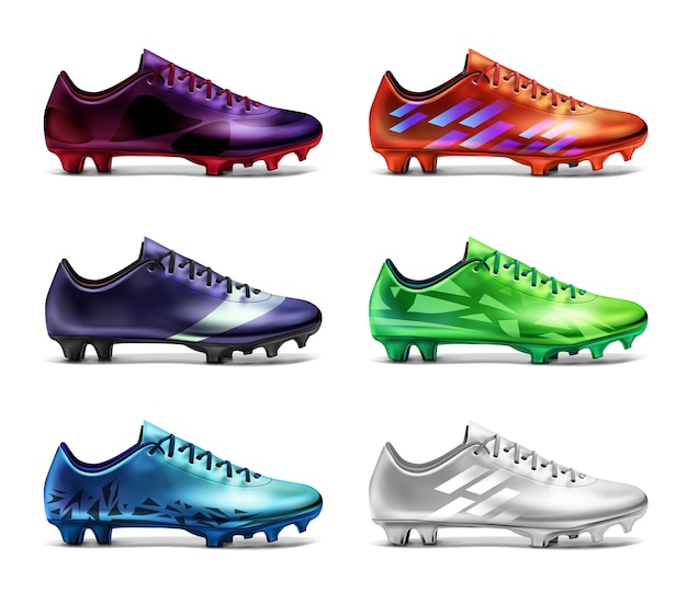 scarpe da calcio con stampa in diversi colori: bianco, verde, rosso, blu, viola e viola. Sei stivali da calcio isolati su sfondo bianco