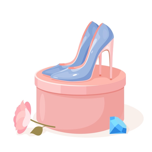 Scarpe tacco alto da donna glamour con scatola da scarpe, fiore e pietra preziosa
