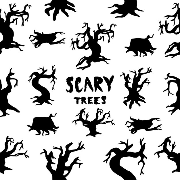 Scary alberi silhouette doodle pattern illustrazione vettoriale Nero su sfondo bianco