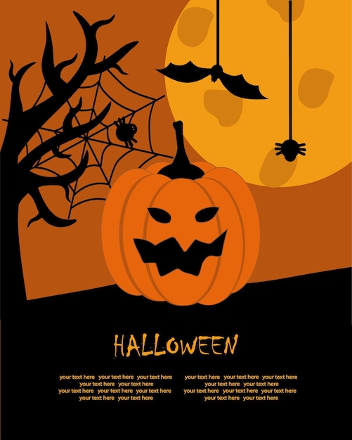 Scary zucca vicino a un albero con ragnatele sullo sfondo di una grande luna e un pipistrello Halloween vacanza Progettare un poster cartolina o volantino Illustrazione con orrore vettore