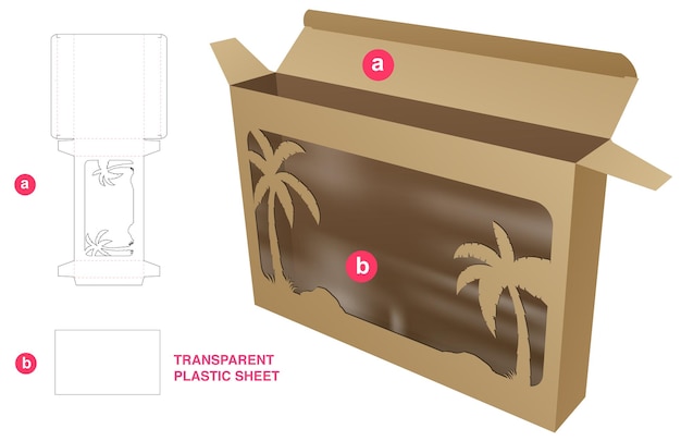 Scatola con modello fustellato per finestra di palma stampata e mockup 3D