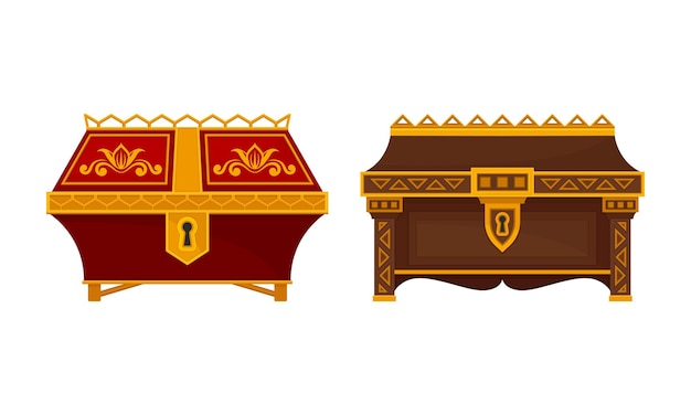 Scatola d'oro o scatola di gioielli come piccolo contenitore decorato set vettoriale