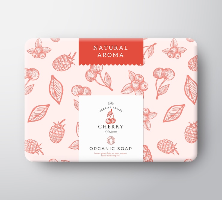 Vettore scatola di cartone per sapone da bagno alla ciliegia. mockup del contenitore di carta avvolto. confezione