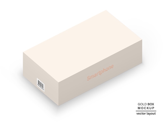 Scatola di colore oro rosa con codice a barre e ombra per l'imballaggio del prodotto isolato su sfondo bianco. realistico e dettagliato. illustrazione 3d di riserva