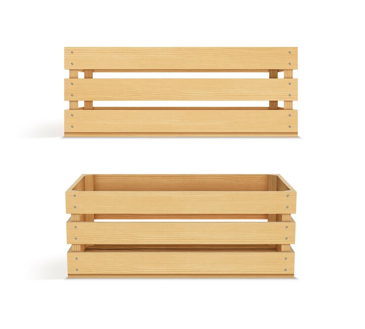 Scatola di legno di stoccaggio del carico vettoriale realistica isolata su sfondo bianco Scatola di frutta in legno con fori Scatola per la conservazione e il trasporto di cibo