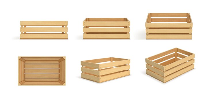 Scatola di legno di stoccaggio del carico vettoriale realistica isolata su sfondo bianco Scatola di frutta in legno con fori Scatola per la conservazione e il trasporto di cibo