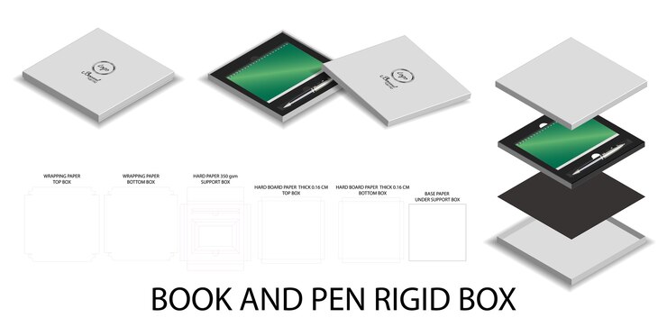 Vettore scatola di mockup 3d e dieline per libro e penna