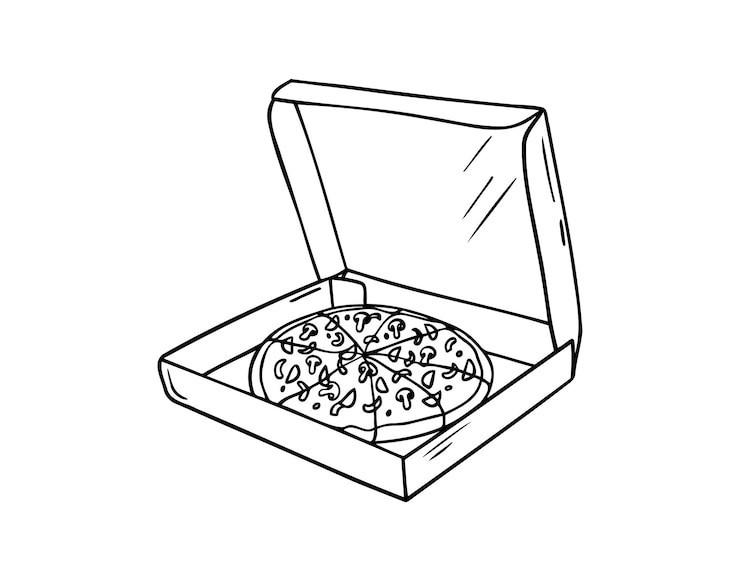 Scatola di pizza disegnata a mano schizzo di scatola di pizza aperta disegno di pizza in scatoletta di cartone consegna vintage