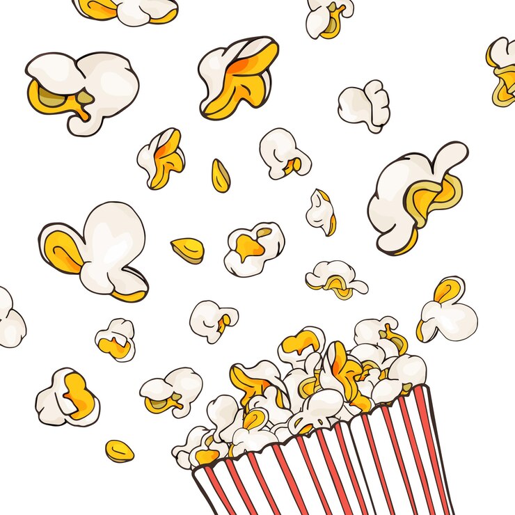 Vettore scatola disegnata a mano con popcorn sparsi su sfondo bianco