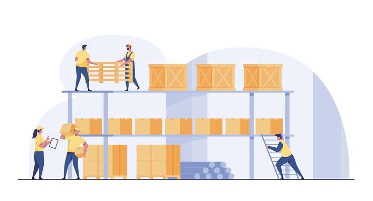 Vettore scatola interna del magazzino su rack e persone che lavorano. illustrazione vettoriale