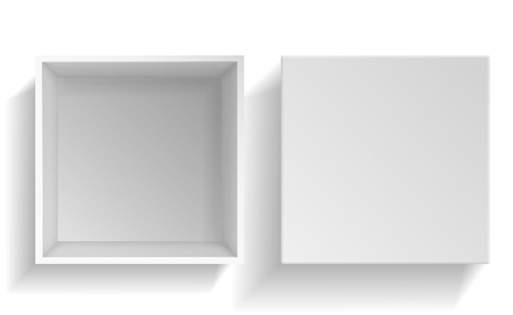 Vettore scatola mockup confezione di cartone bianco realistico vista dall'alto pacchetto di cartone aperto vuoto e tappo mockup di contenitore a sorpresa quadrato in cartone 3d per regali e stoccaggio di merci illustrazione vettoriale isolato