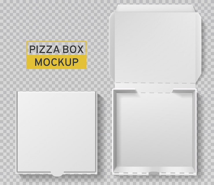 Vettore scatola per pizza. pacchetto pizza aperto e chiuso, modello di cartone bianco carta vista dall'alto, consegna pasti, modello realistico di pranzo fast food