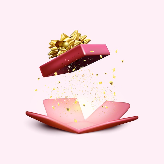Scatola regalo aperta rossa a sorpresa con coriandoli