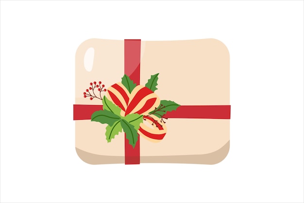 Scatola regalo di Natale con nastro rosso e illustrazione di vegetazione festiva