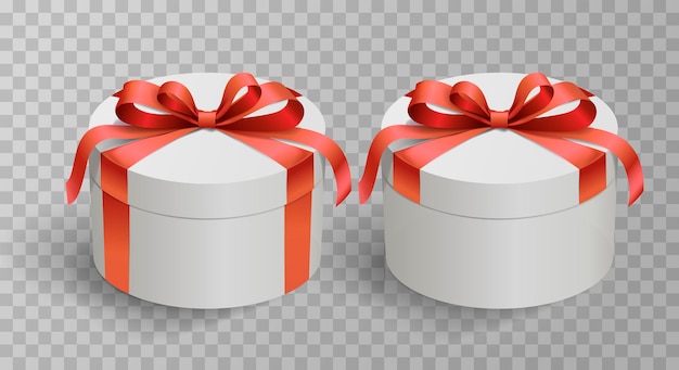 Scatola regalo realistica con arco di satin rosso avvolto in nastro per regalo
