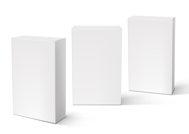 Scatole d'imballaggio in bianco bianche 3D impostate isolate