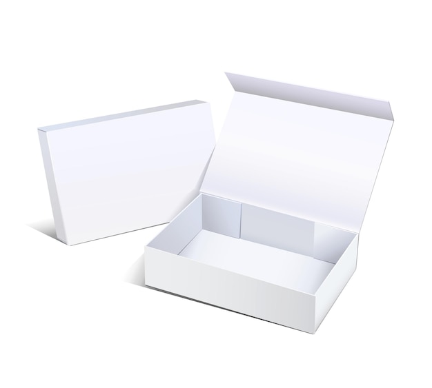 Scatole di carta vuote bianche aperte e chiuse per il tuo design, mockup, modello vuoto isolato su bianco