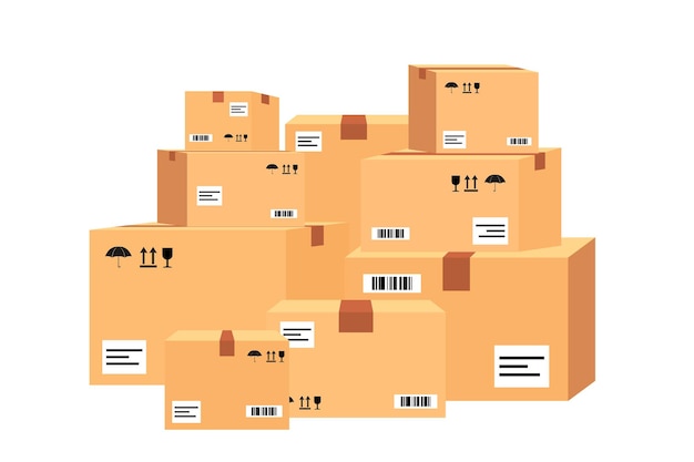 Scatole di cartone su un pallet di legno. Scatole differenti sulla vista frontale della pila del magazzino. Scatole su pallet in legno illustrazione vettoriale. Un mucchio di scatole di cartone piegate di diverse dimensioni