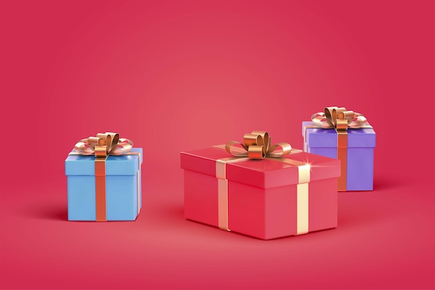 Scatole regalo 3d avvolte con fiocco in nastro dorato su sfondo rosso Adatto per festeggiare le vacanze