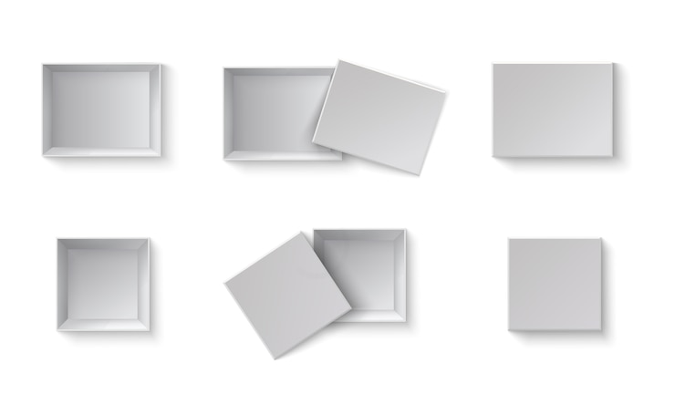 Vettore scatole regalo di imballaggio in bianco bianco. un set di scatole aperte e chiuse con diverse angolazioni. oggetto bianco su uno sfondo trasparente.