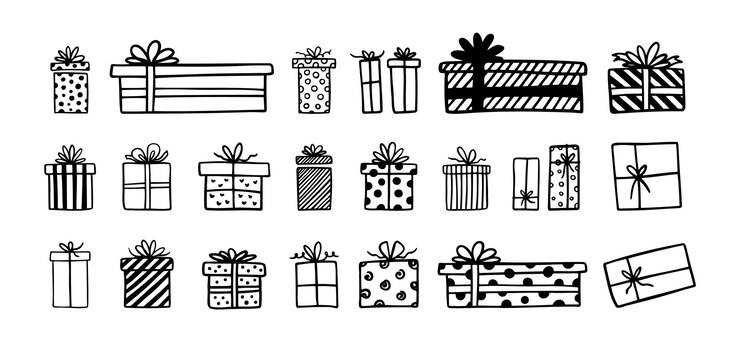 Scatole regalo disegnate a mano con contorno di doodle set illustrazione vettoriale della scatola presente