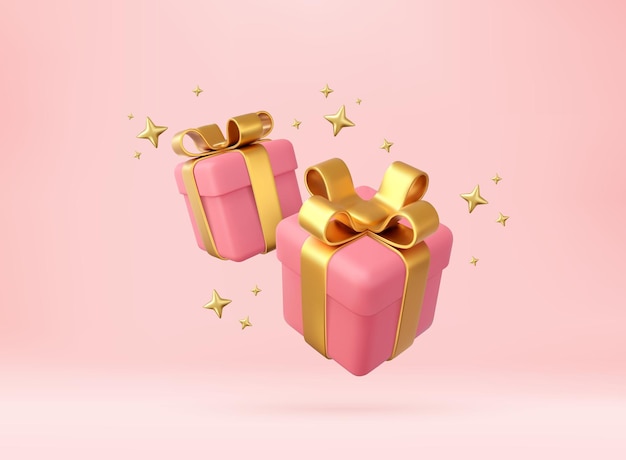 Scatole regalo rosa 3d con nastro dorato e fiocco Concetto di celebrazione di compleanno Buon anno e Buon Natale 2023 scatole regalo rosa con fiocchi dorati Rendering 3d Illustrazione vettoriale