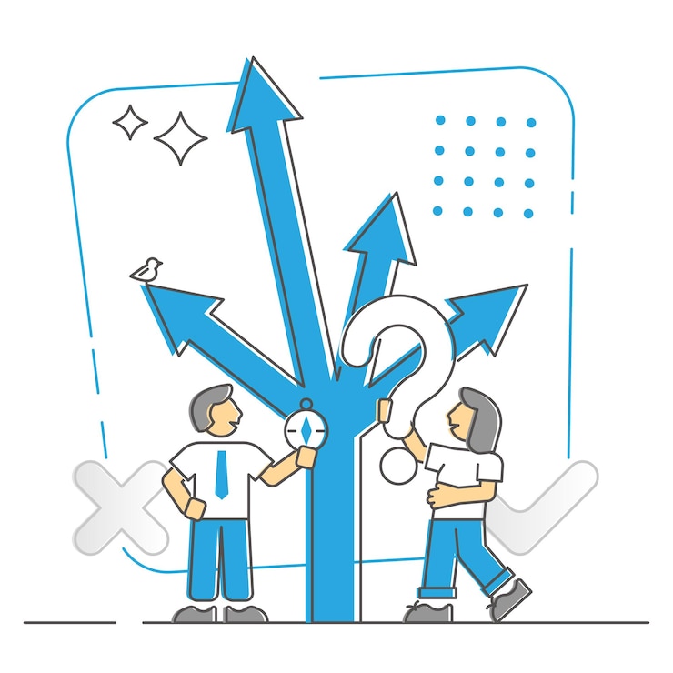 Vettore scelta e decisione per il concetto di contorno monocolore di strategia di direzione aziendale. dubbio della soluzione corretta con l'illustrazione di vettore delle frecce dell'incrocio. scegli il percorso stradale come soluzione simbolica dei problemi sul lavoro.