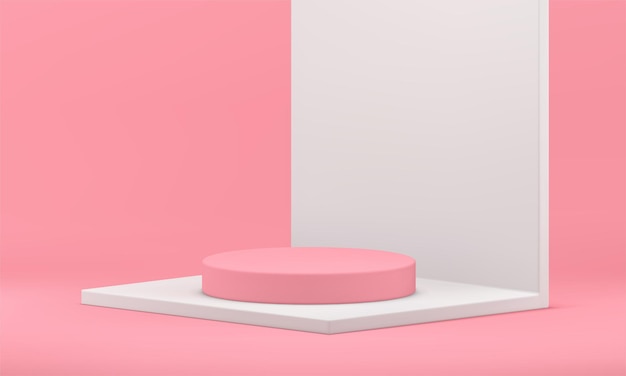 Scena 3D rosa su fondazione bianca costruzione di piedistallo promo isometrica base arena vettore realistico
