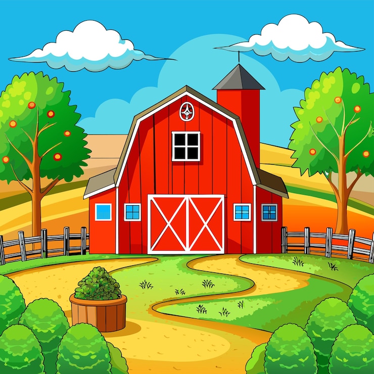 Vettore scena agricola in natura con illustrazione vettoriale del fienile