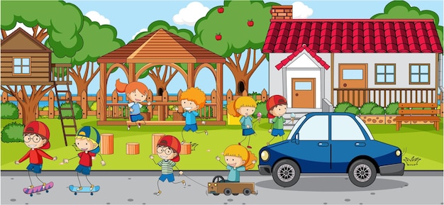 Scena all'aperto con il fumetto della casa di doodle