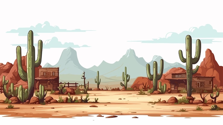Vettore scena animata vettoriale di pixel art dell'ovest selvaggio del deserto