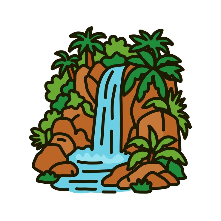 Vettore scena colorata di una cascata in un'illustrazione tropicale lussureggiante