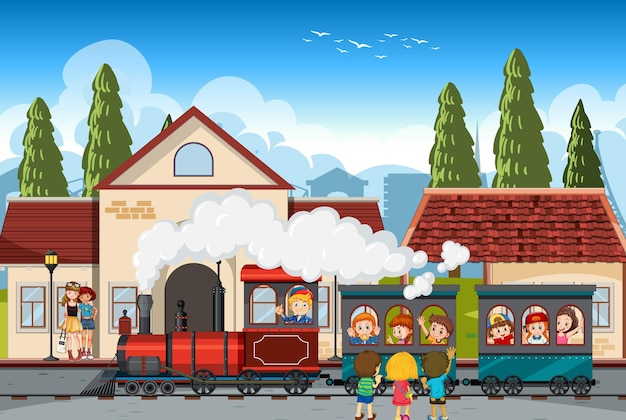 Scena con bambini che guidano il treno in città