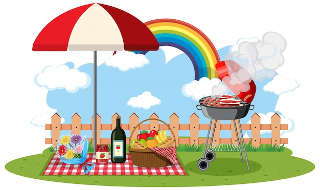 Scena con barbecue e cibo nel parco