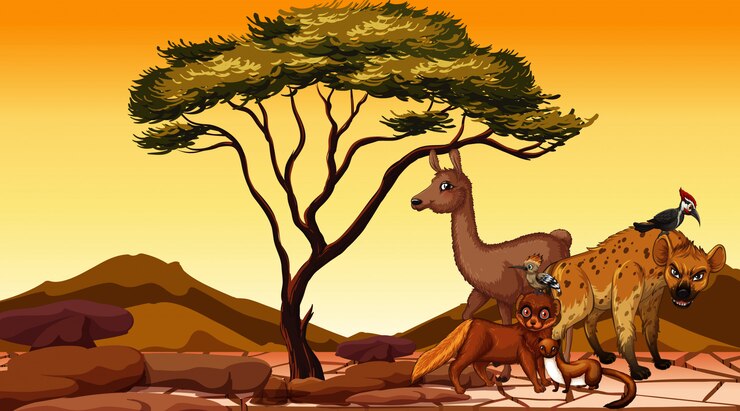 Vettore scena con molti animali nel deserto