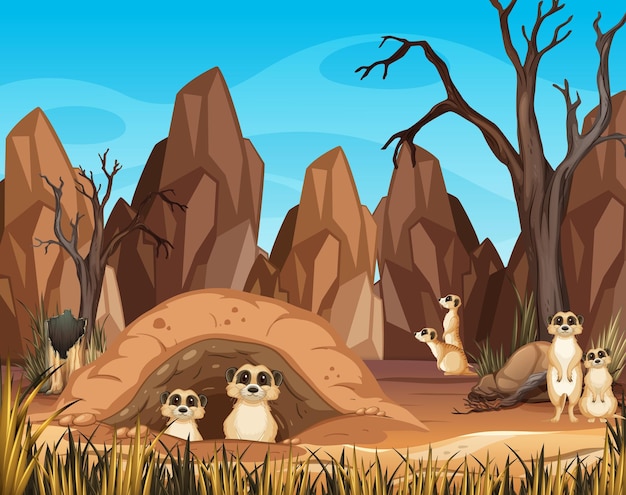 Scena del deserto con graziosi suricati