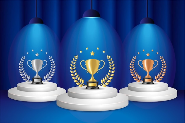Scena del podio del palco con illuminazione per la cerimonia di premiazione. Vincitore piedistallo rotondo con simbolo della coppa trofeo in oro, argento e bronzo, corona d'alloro e nastro