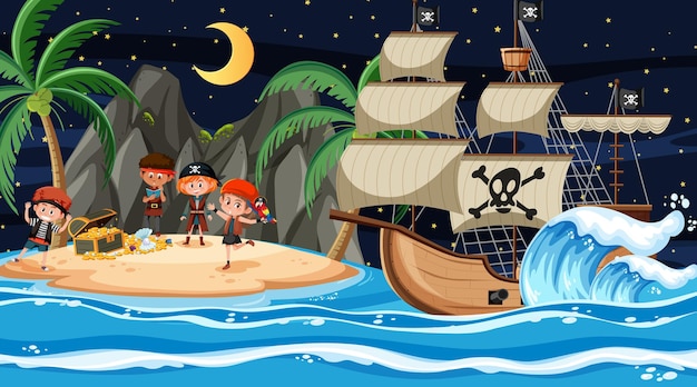 Scena dell'Isola del Tesoro di notte con i bambini dei pirati