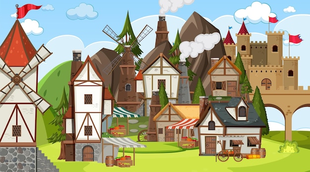 Scena della città medievale con abitanti del villaggio