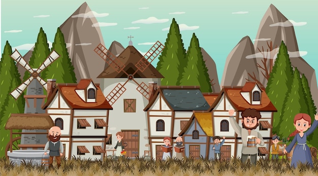 Scena della città medievale con abitanti del villaggio