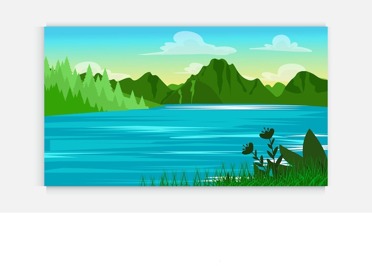 Vettore scena della natura con alberi blu cielo collina fiume un bellissimo paesaggio lacustre piatto vettore campagna stile cartone animato illustrazione del paesaggio naturale con alberi e montagna sopra il fiume