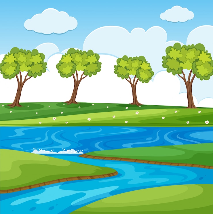 Vettore scena della natura con fiume e campo
