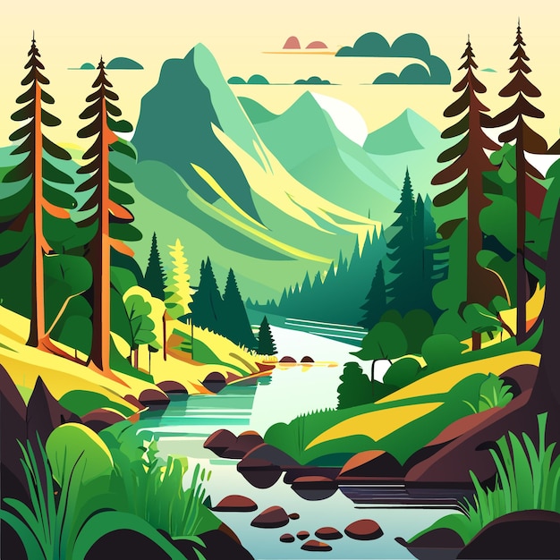 Scena della natura con illustrazione della foresta e della montagna del fiume e delle colline