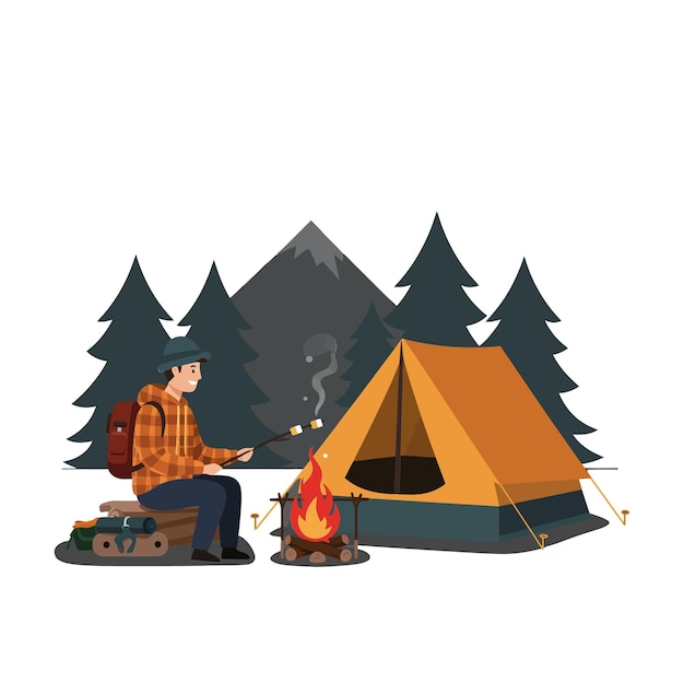 Scena di campeggio con una persona vicino a un fuoco in un'illustrazione vettoriale piatta dettagliata
