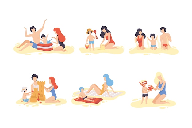 Scena di famiglia in spiaggia con padre, madre e figlio che si divertono insieme