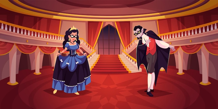 Vettore scena di gente mascherata vampiro e regina alla sala del palazzo del ballo invito a ballare reverenza festa di halloween in costume personaggi in esibizione cartone animato illustrazione piatta concetto vettoriale ordinato