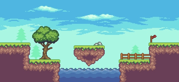 Scena di gioco arcade pixel art con bandiera di recinzione isola galleggiante lago albero e nuvole 8 bit vettore ba