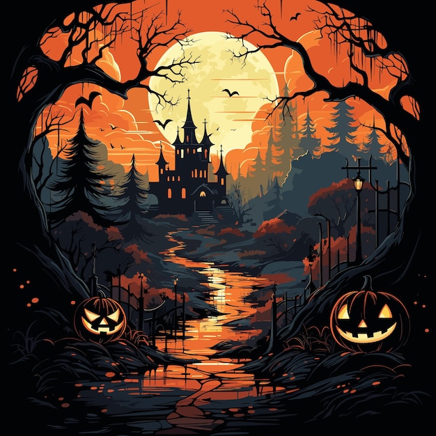 Scena di Halloween con zucche e castello con la luna piena sullo sfondo