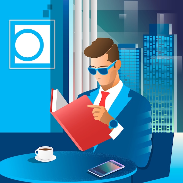 Vettore scena di lifestyle di mattina di fine settimana del libro di lettura adulto dell'uomo d'affari in caffè illustrazione piana di vettore
